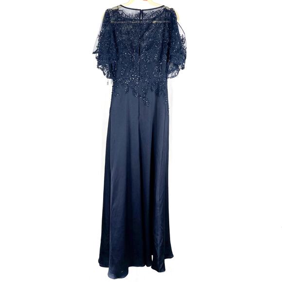 Teri Jon Emma Gown Navy Blue Sequin Lace Flutter Sleeves Side Slit Sz 2 - Picture 8 of 11